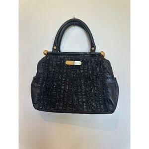 Betsey Johnson Black Ruffled Leather Satchel Handbag Gold Hardware